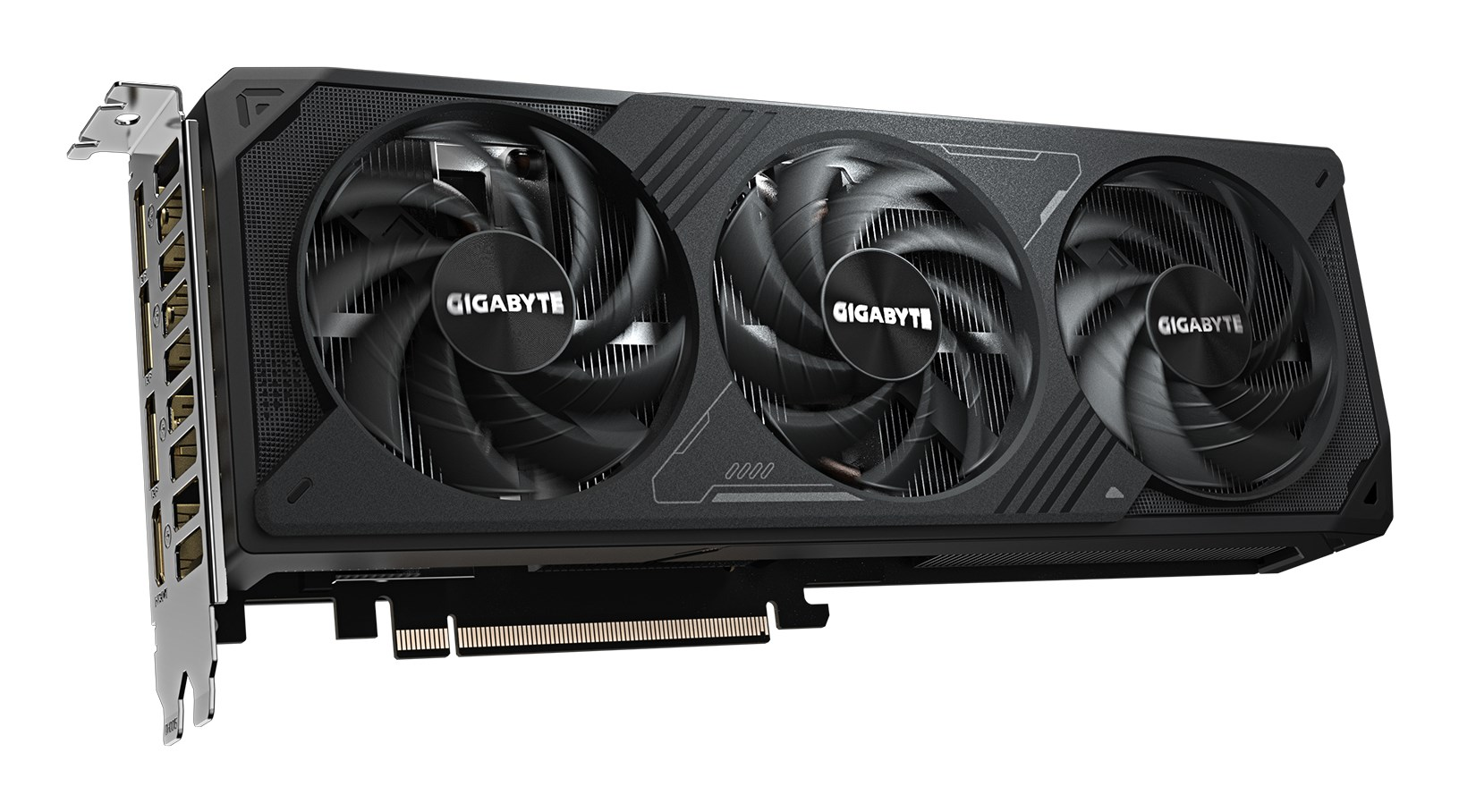 Schwarze Gigabyte-Grafikkarte mit drei Lüftern und Metallhalterung auf weißem Hintergrund.