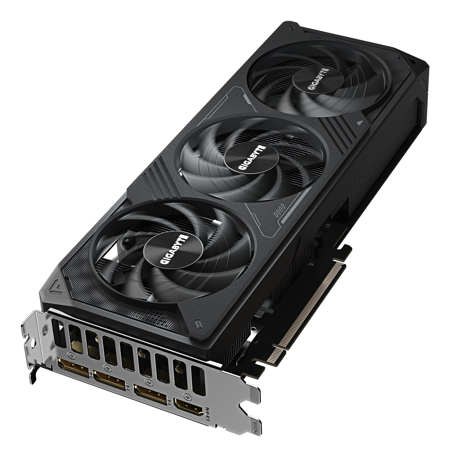 Schwarze Gigabyte-Grafikkarte mit drei Lüftern und I/O-Blende.