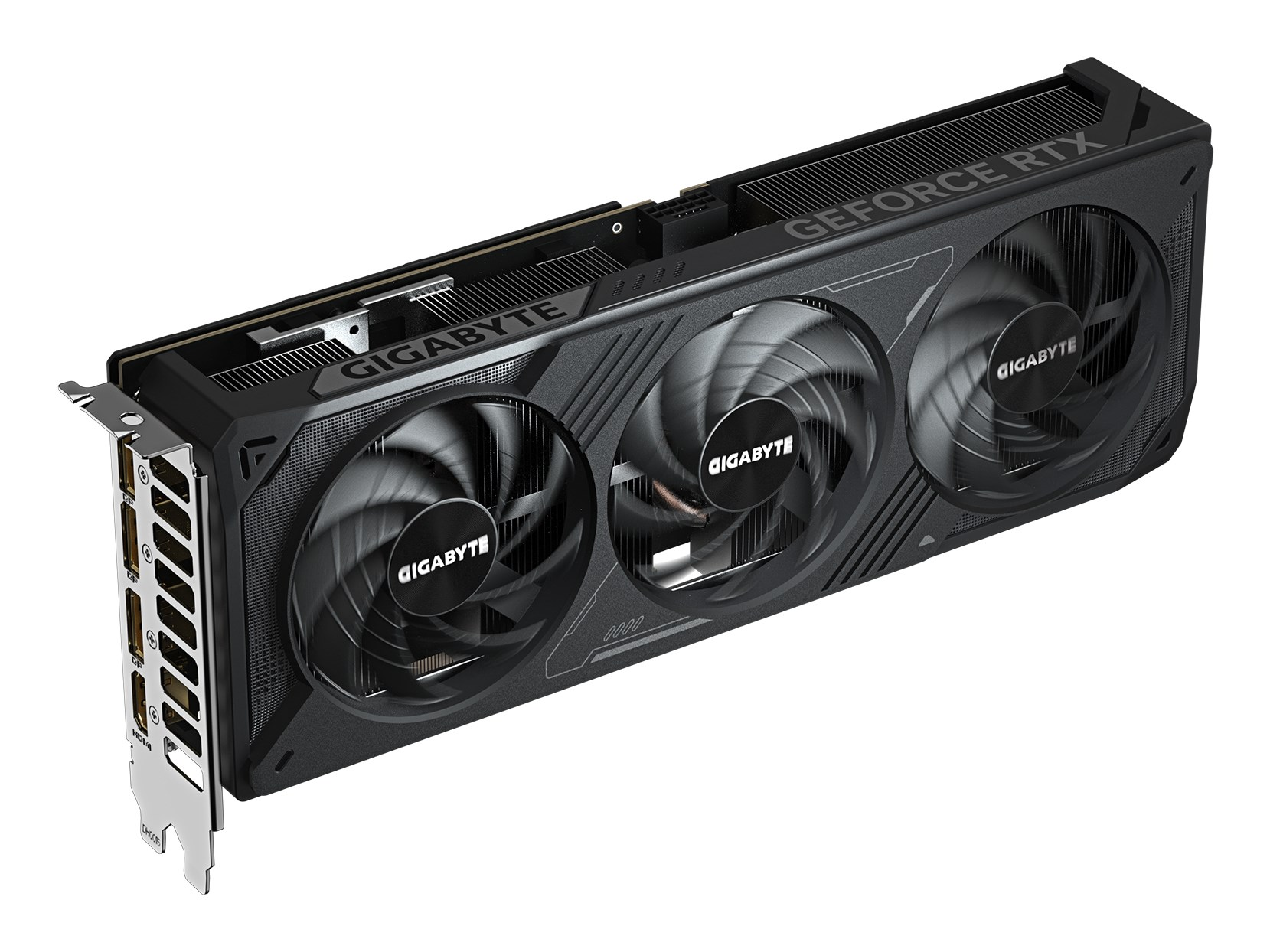 Eine schwarze Gigabyte GeForce RTX Grafikkarte mit drei Lüftern vor weißem Hintergrund.