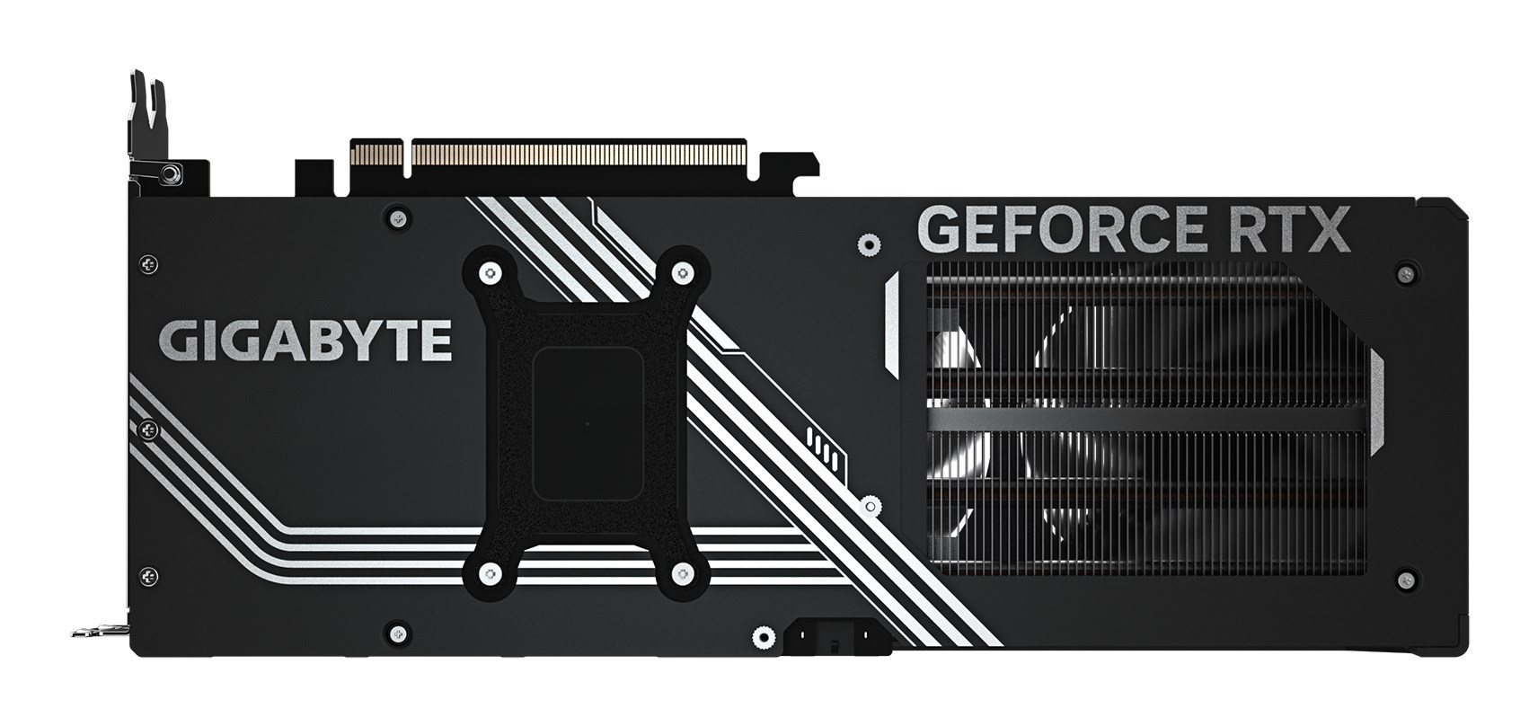Schwarze Gigabyte GeForce RTX Grafikkarte mit weißen Akzenten auf weißem Hintergrund.