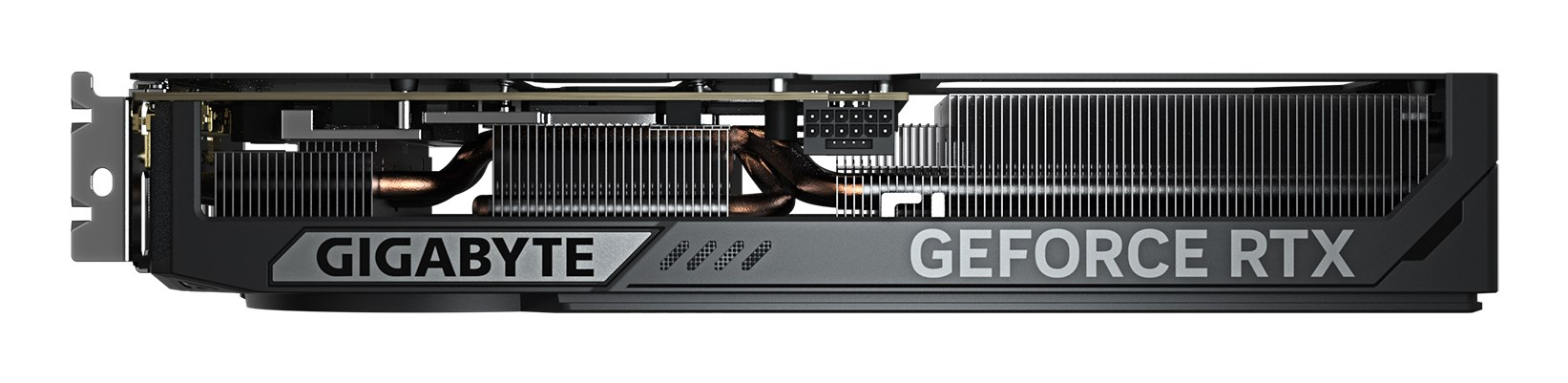 Seitenansicht einer Gigabyte Geforce RTX Grafikkarte mit Kühlrippen und Kupfer-Heatpipes.