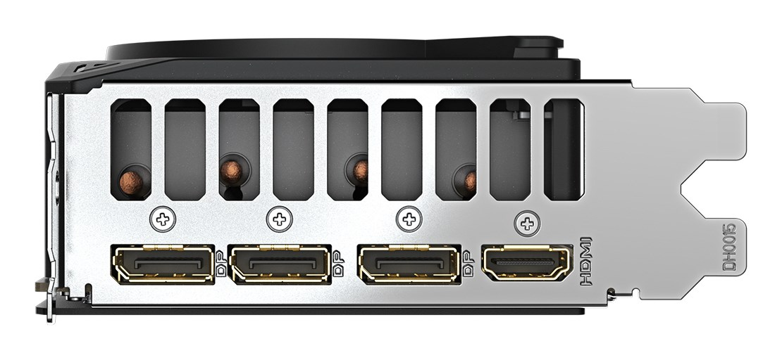 Rückseite einer Grafikkarte mit drei DisplayPort-Anschlüssen und einem HDMI-Anschluss.