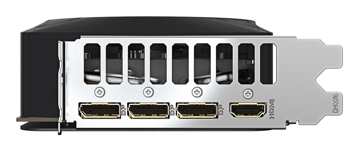 Panel I/O trasero de una tarjeta gráfica con tres DisplayPorts y un puerto HDMI.