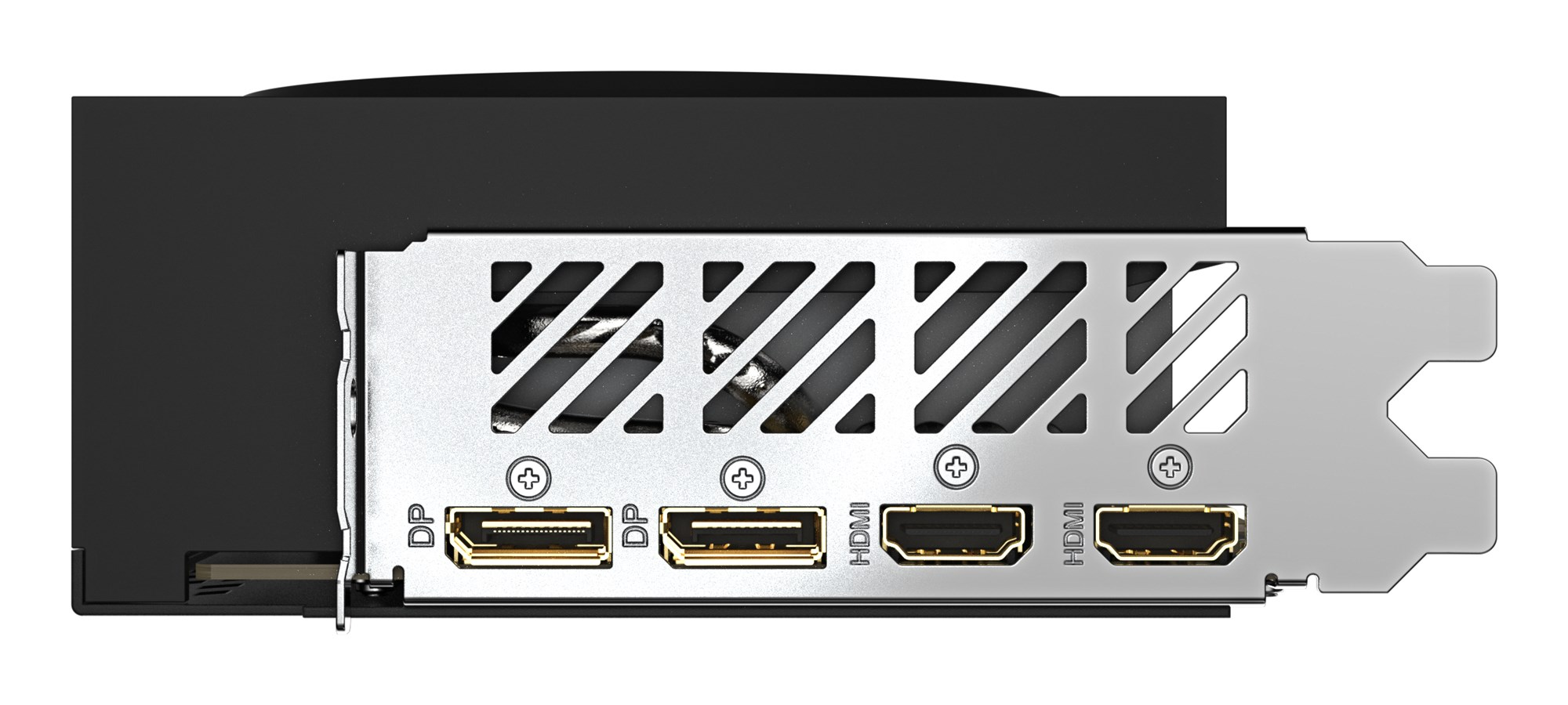 Panel trasero de una tarjeta gráfica con dos puertos DisplayPort y dos HDMI.