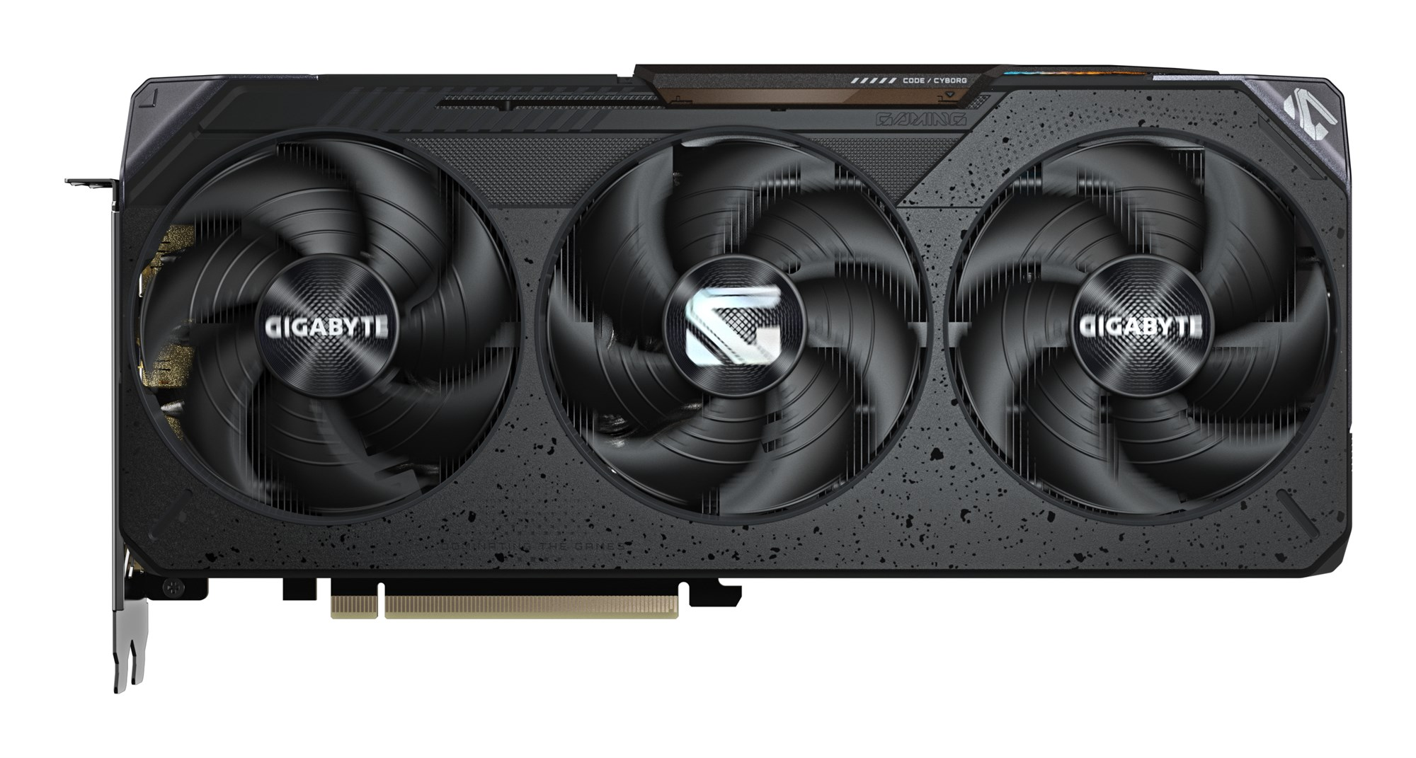 Tarjeta gráfica Gigabyte negra con tres ventiladores, carcasa salpicada y conector PCIe.