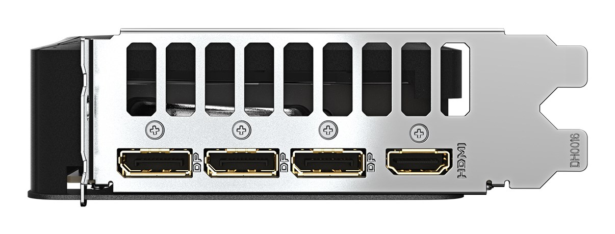 Rückseite einer Grafikkarte mit drei DisplayPort- und einem HDMI-Anschluss.