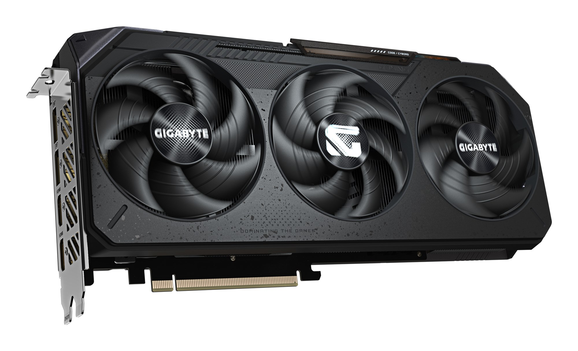 Una tarjeta gráfica Gigabyte negra con tres ventiladores grandes sobre fondo blanco.