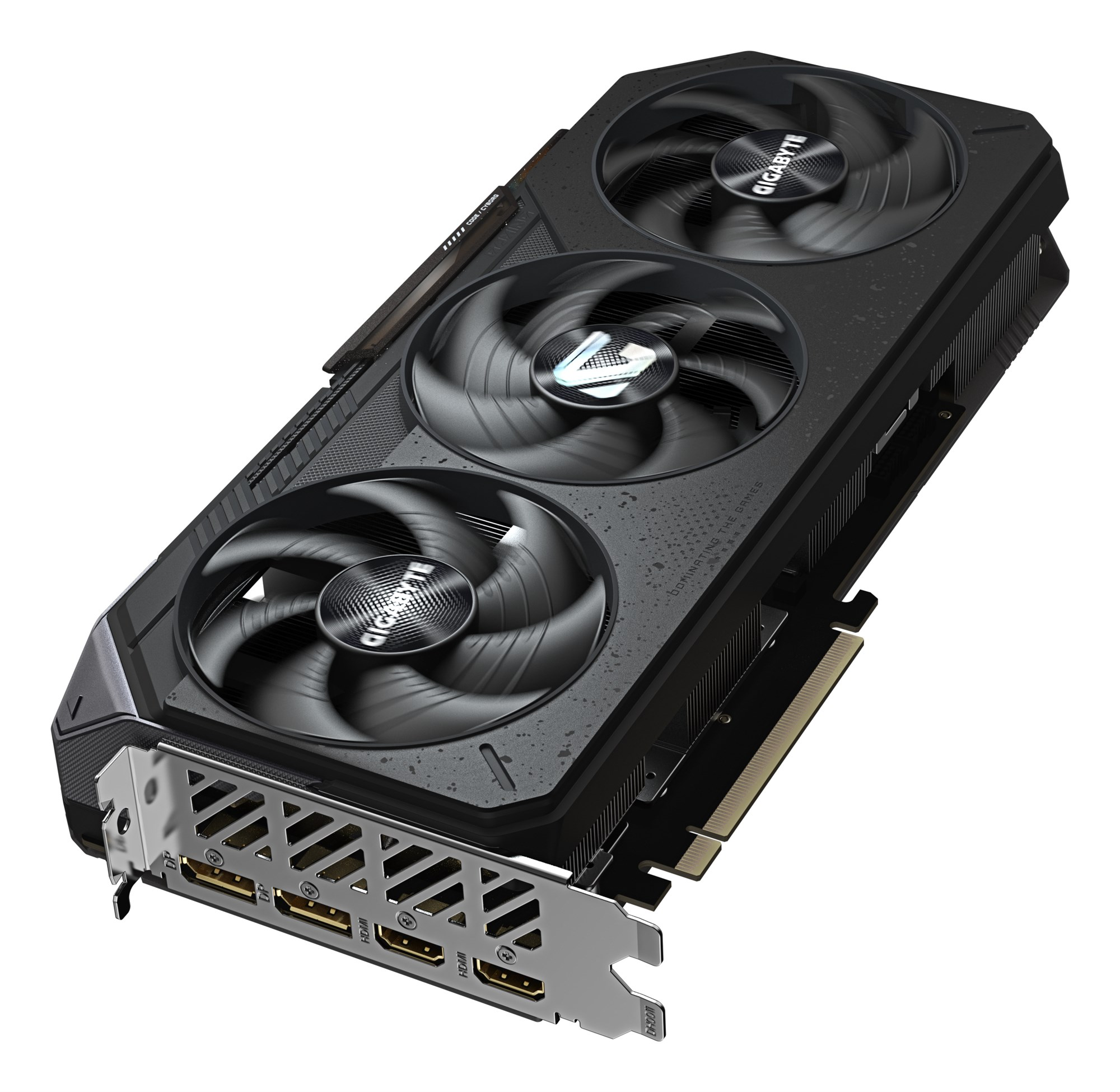 Tarjeta gráfica Gigabyte negra con tres ventiladores y puertos chapados en oro.