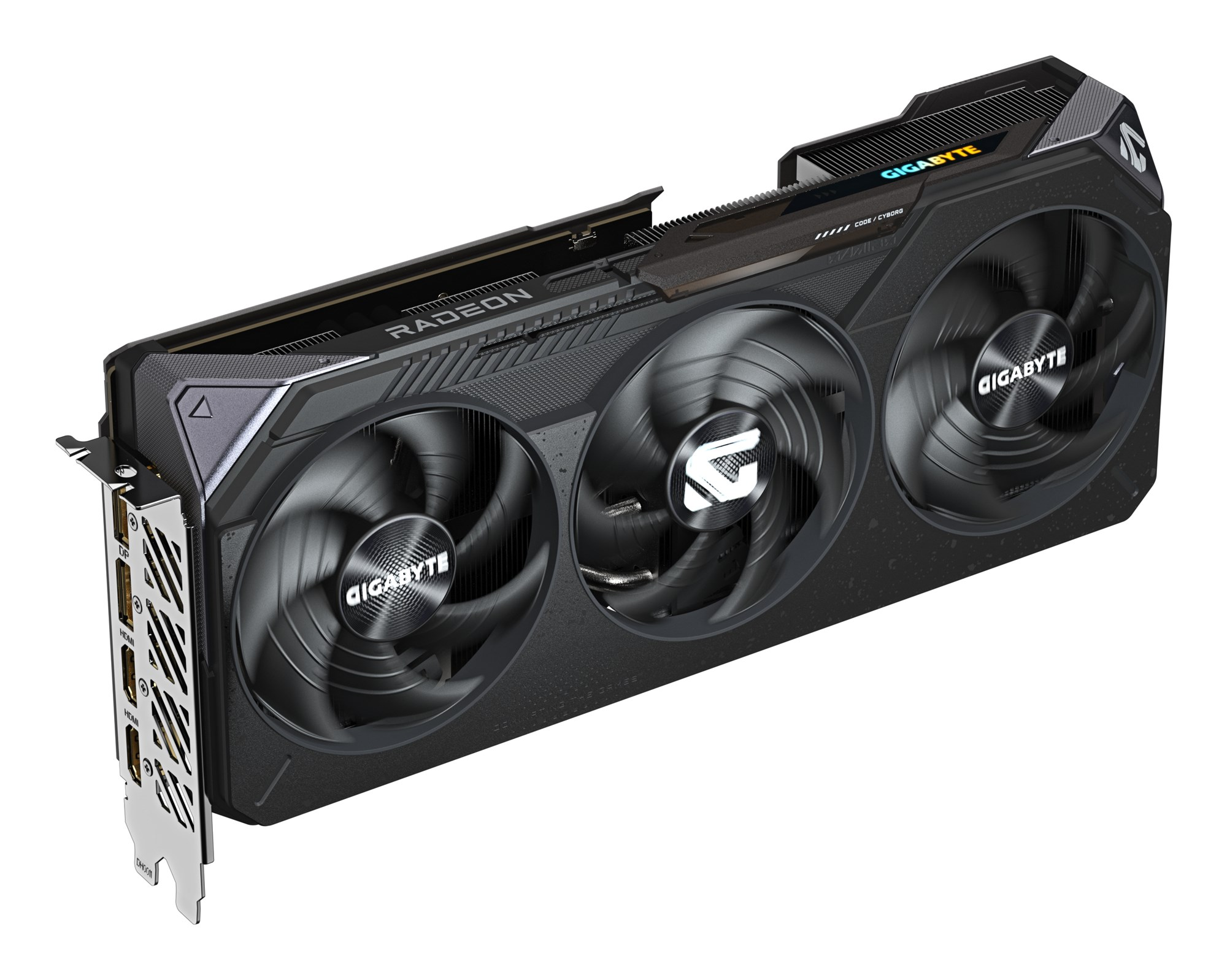 Tarjeta gráfica negra Gigabyte Radeon con tres ventiladores y la marca Radeon sobre fondo blanco.