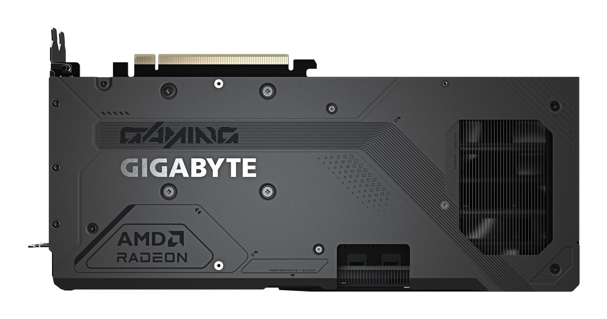 Tarjeta gráfica Gigabyte negra con placa trasera, marca AMD Radeon y aletas de refrigeración sobre fondo blanco.