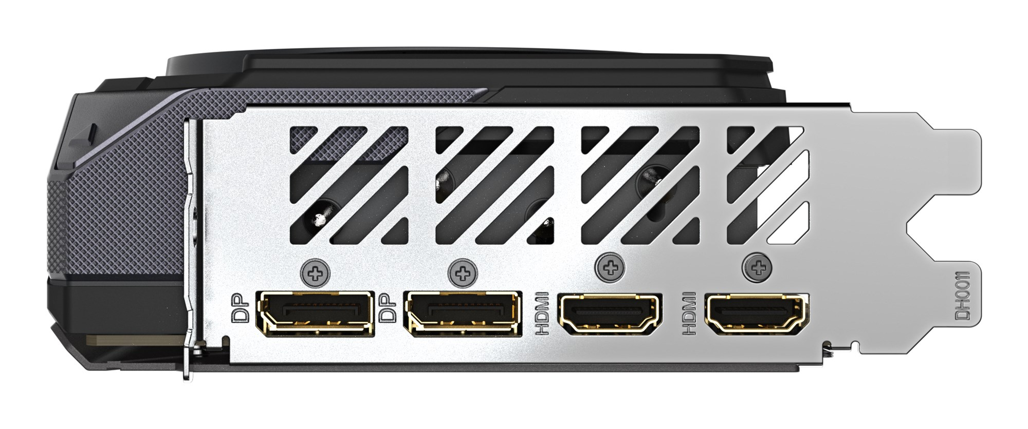 Vista trasera de una tarjeta gráfica con dos puertos DisplayPort y dos puertos HDMI.