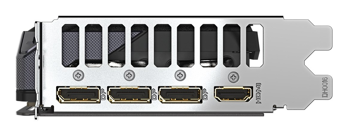 Staffa I/O per scheda grafica con tre porte DisplayPort e una HDMI.