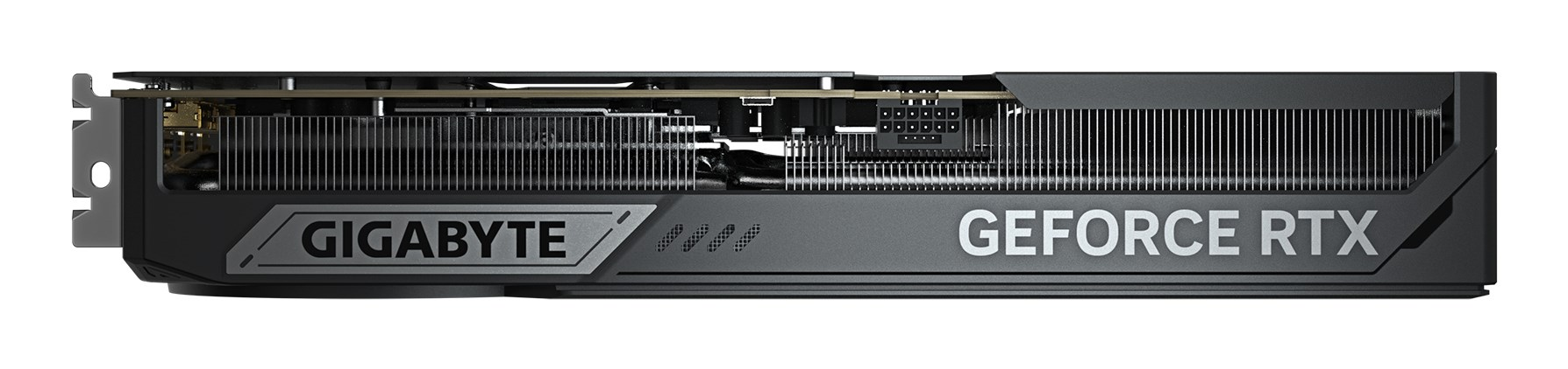 Vista laterale di una scheda grafica nera Gigabyte GeForce RTX con alette di raffreddamento.