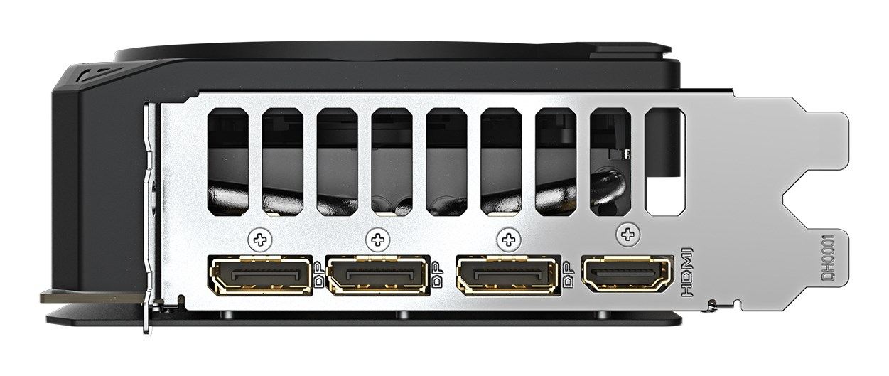 Pannello posteriore di una scheda video con tre porte DisplayPort e una HDMI.