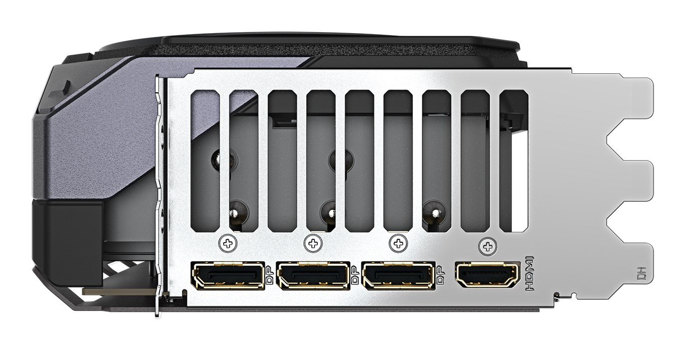 Soporte de E/S de tarjeta gráfica con tres puertos DisplayPort y uno HDMI.