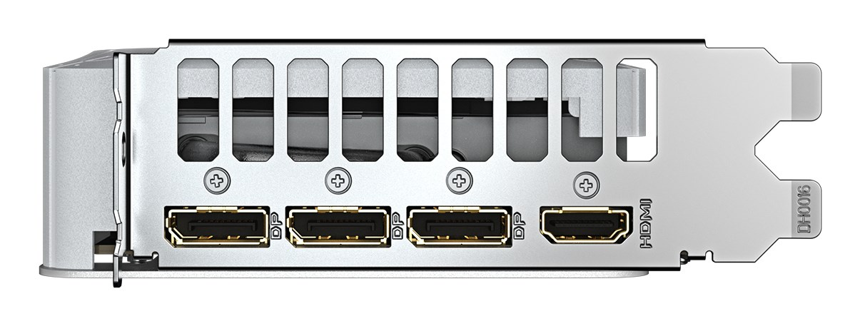 Un soporte I/O de tarjeta gráfica plateado con tres puertos DisplayPort y uno HDMI.