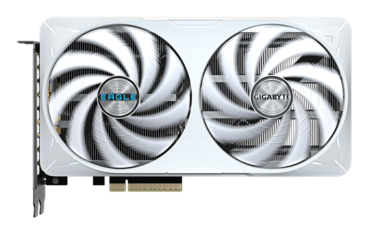 Eine weiße Gigabyte Eagle Grafikkarte mit zwei Lüftern und silbernem Branding.