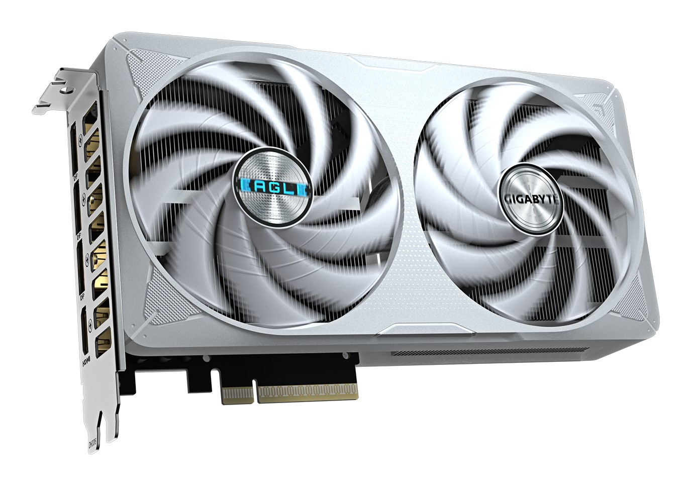 Eine silberne Gigabyte Eagle Grafikkarte mit zwei Lüftern auf weißem Hintergrund.