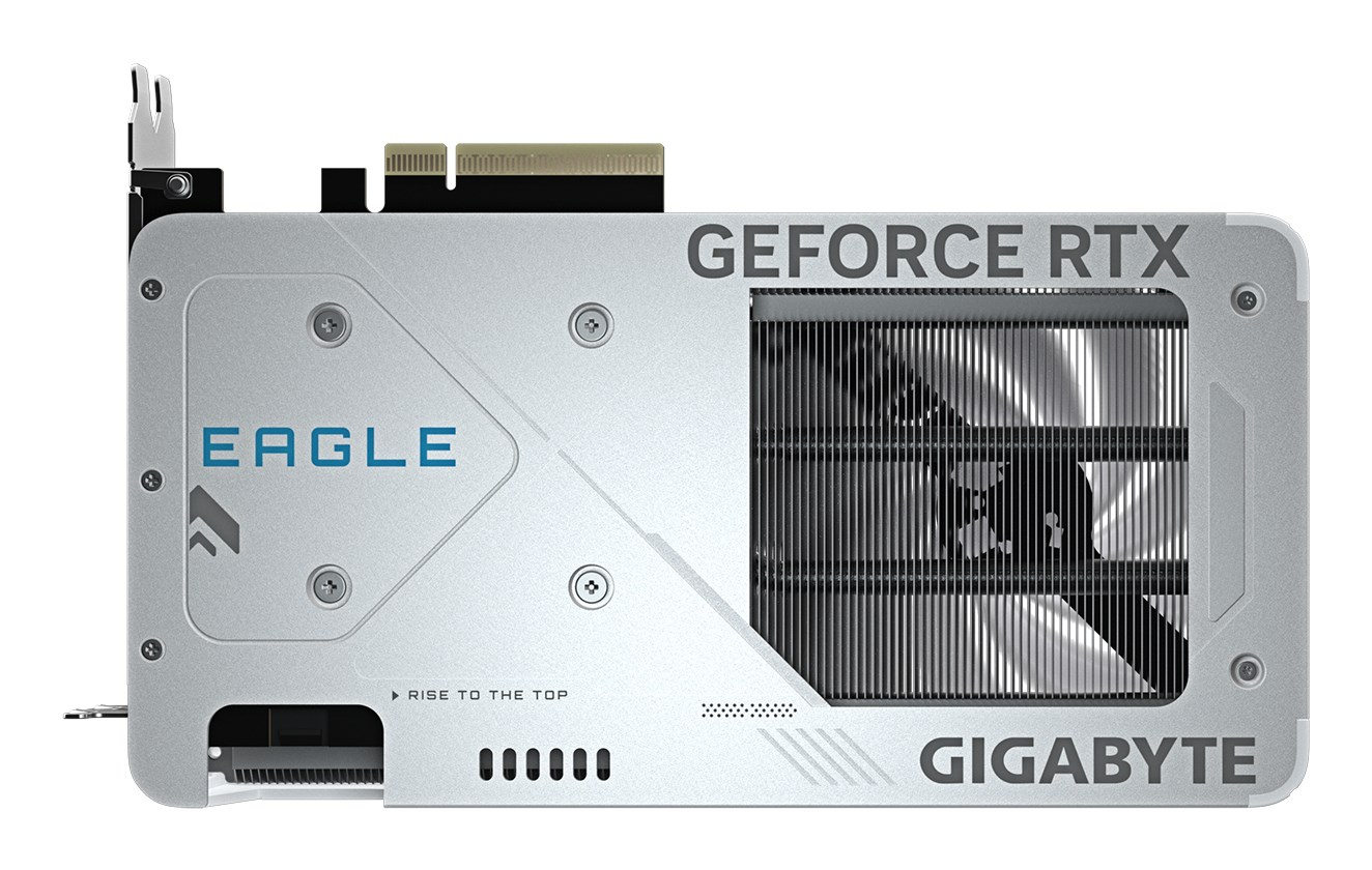 Silberne Gigabyte Eagle GeForce RTX Grafikkarte mit Lüfter und deutlicher Branding.
