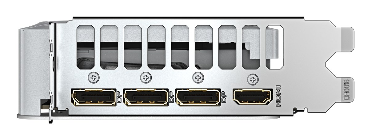 Rückseite einer silbernen Grafikkarte mit drei DisplayPort- und einem HDMI-Anschluss.