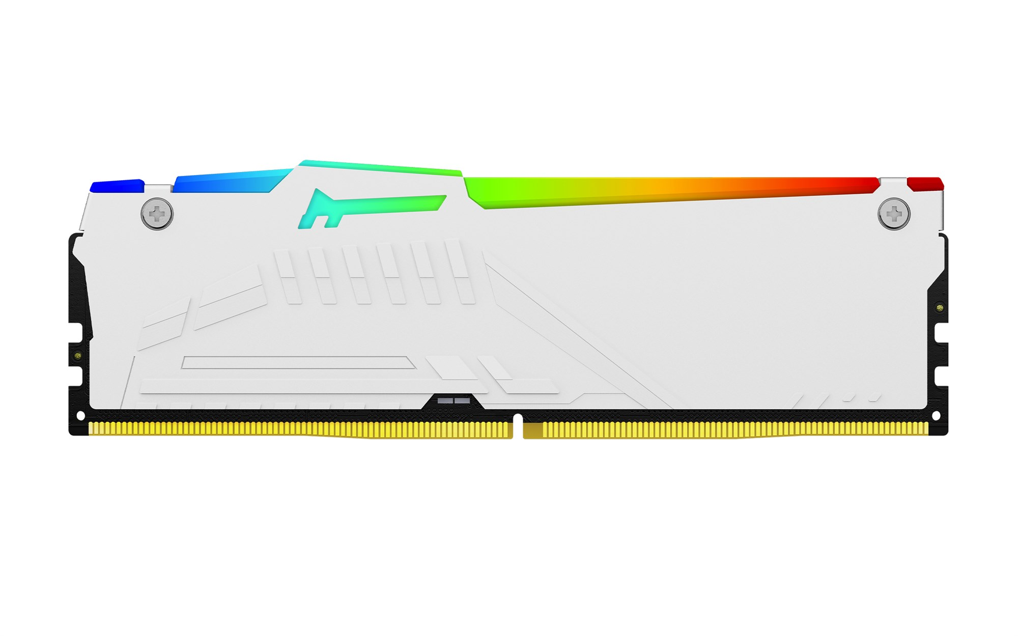 Biała kość RAM z kolorowymi światłami RGB na górze, złotymi stykami i widocznymi śrubkami na białym tle.