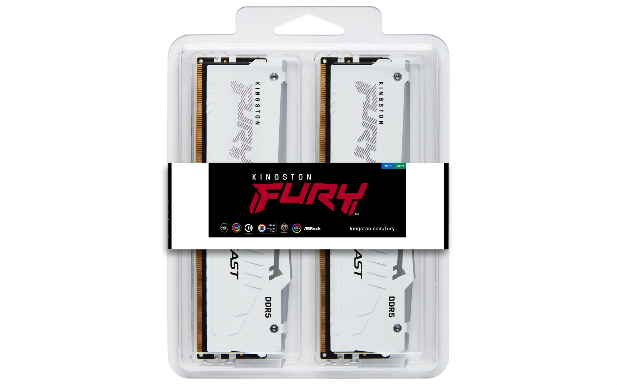 Dwa białe moduły RAM Kingston FURY DDR5 w przezroczystym plastikowym opakowaniu z czerwonym logo.