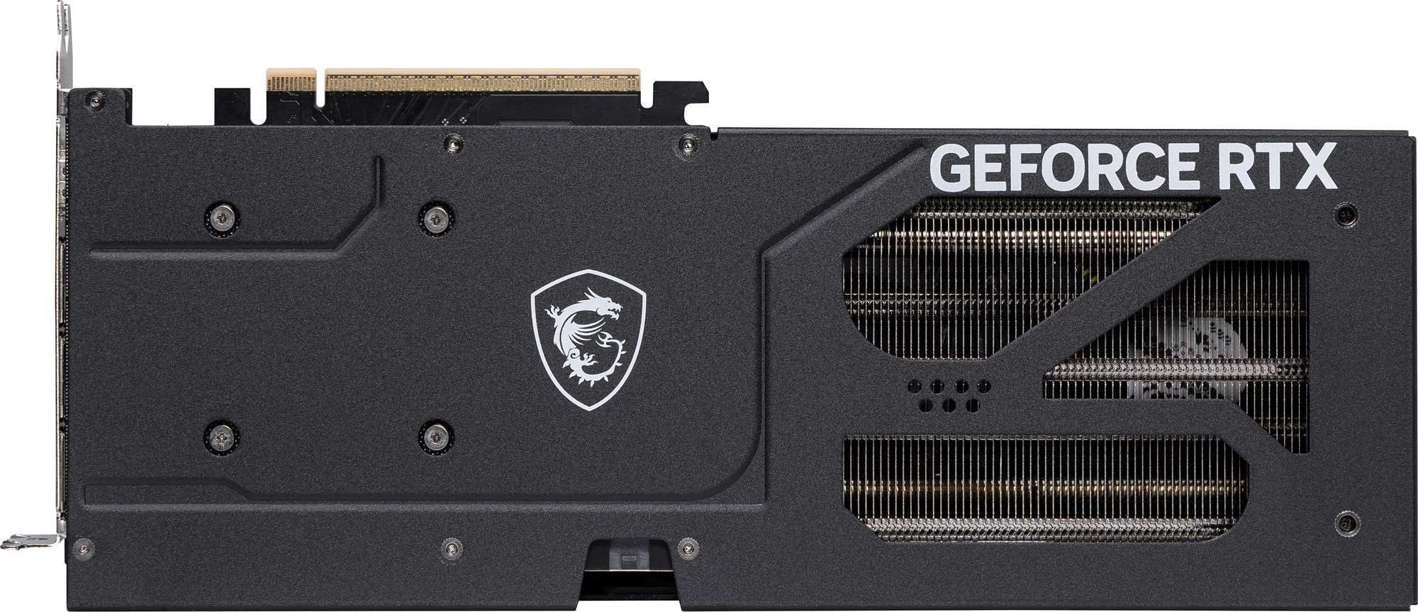 Scheda video nera MSI GeForce RTX con logo drago e dissipatore in metallo su sfondo bianco.