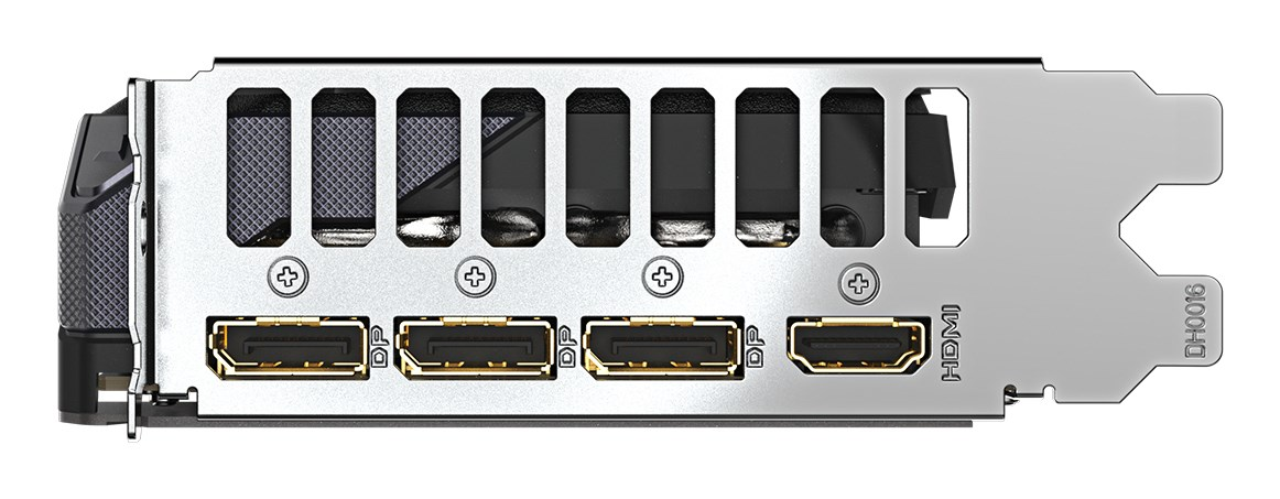 I/O-Blende einer Grafikkarte mit drei DisplayPorts und einem HDMI-Anschluss.