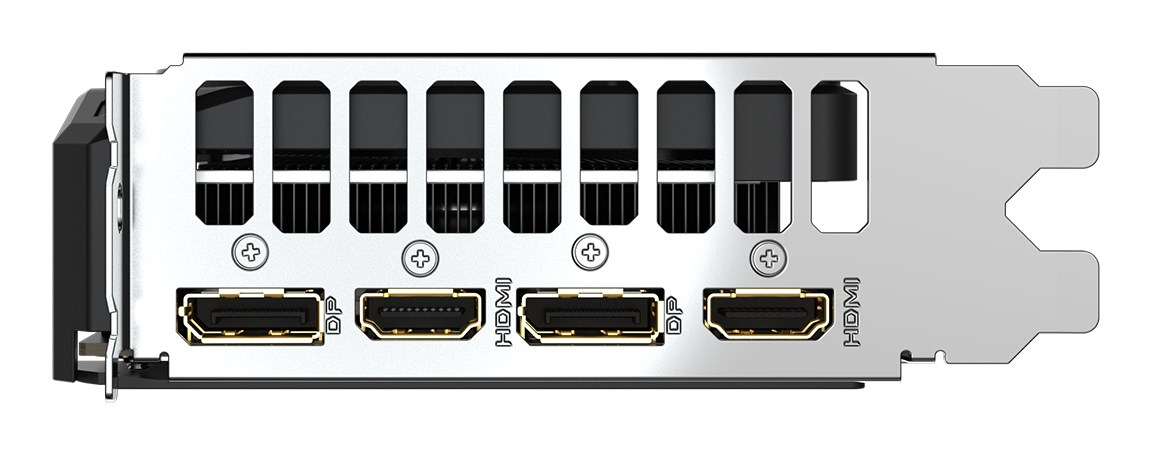 Rückseite einer Grafikkarte mit drei DisplayPort- und einem HDMI-Anschluss.