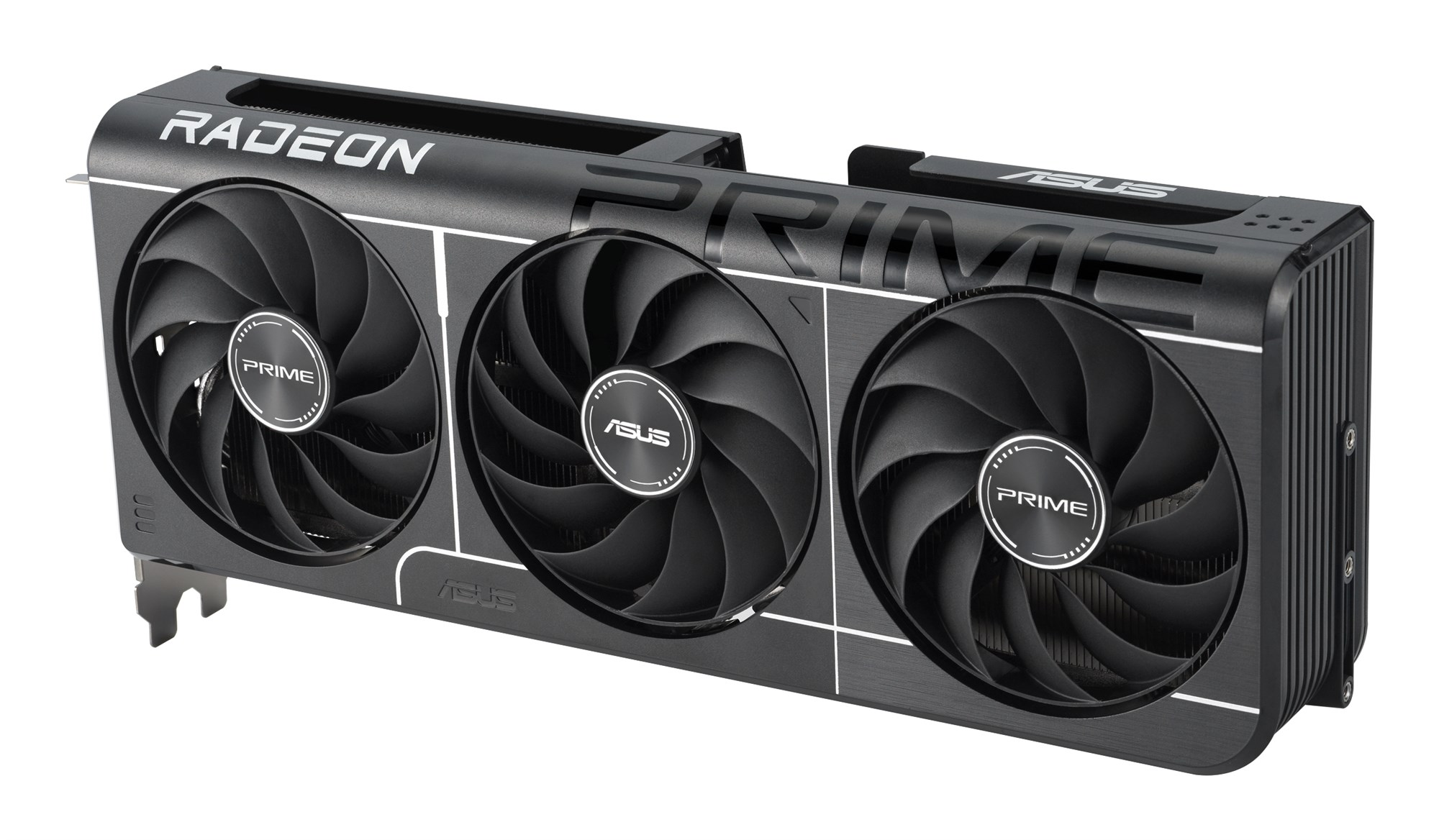 Tarjeta gráfica negra Asus Prime Radeon con tres ventiladores.