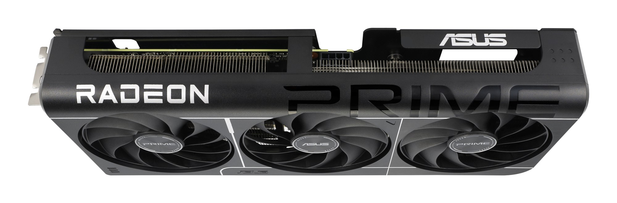 Tarjeta gráfica negra Asus Prime Radeon con tres ventiladores y letras blancas.