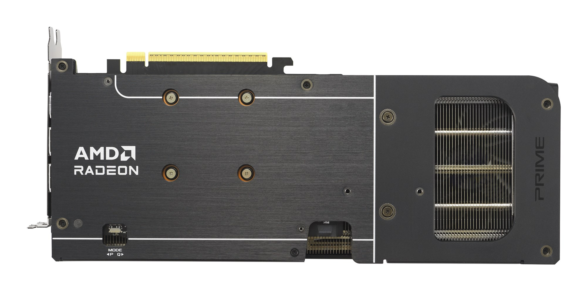 Una tarjeta gráfica AMD Radeon negra con placa trasera, letras blancas y aletas de refrigeración visibles en fondo blanco.