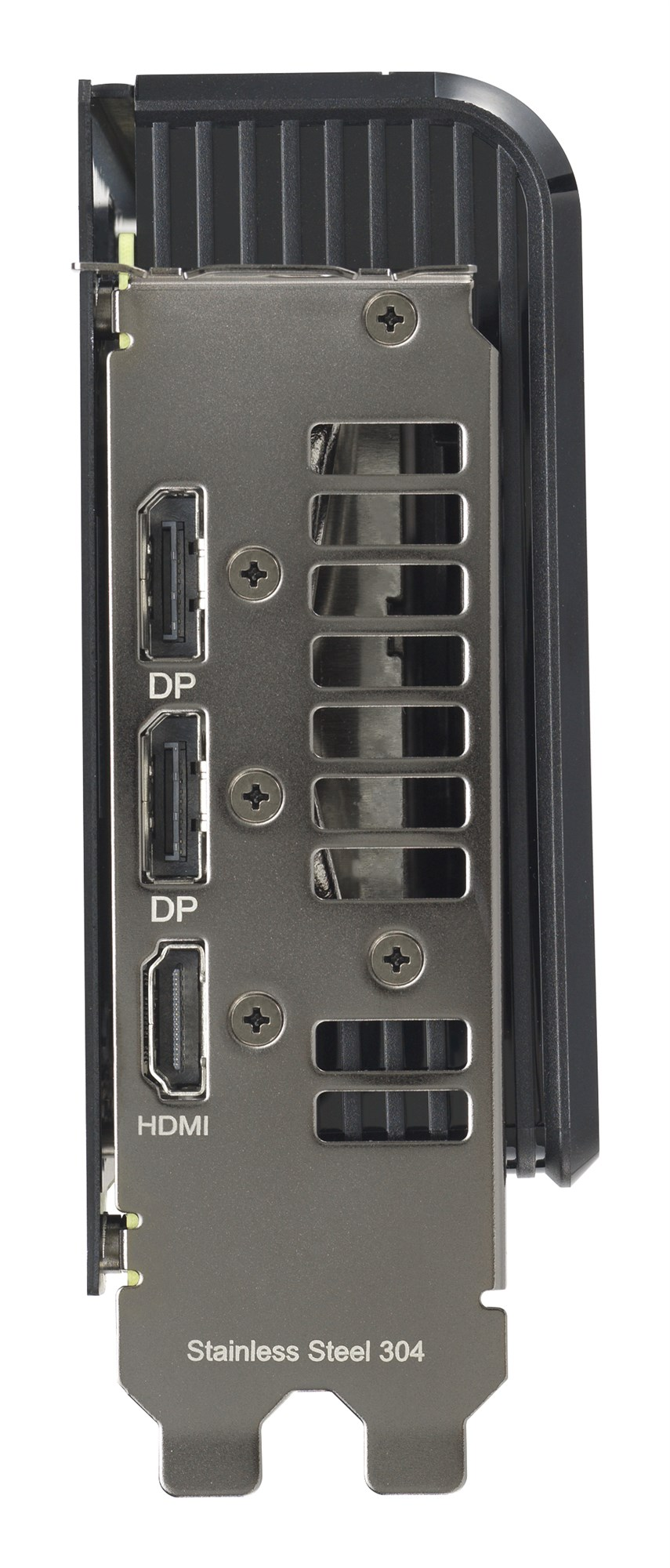 Panel trasero de una tarjeta gráfica de acero inoxidable 304 con dos DisplayPort y un puerto HDMI.