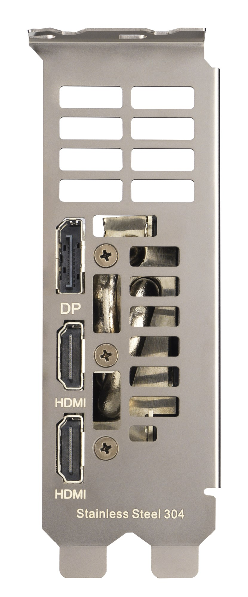 Edelstahl-I/O-Blende mit DP-, zwei HDMI-Anschlüssen und Lüftungsschlitzen auf weißem Grund.