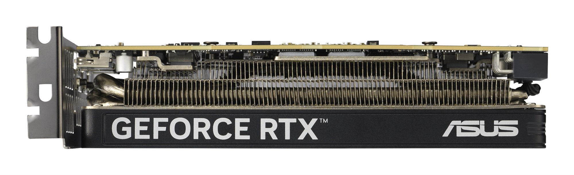 Seitenansicht einer ASUS GeForce RTX Grafikkarte mit Kühlrippen und Leiterplatte auf weißem Hintergrund.