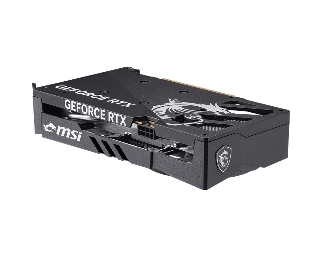 Eine schwarze MSI GeForce RTX Grafikkarte mit weißem Branding und Drachenlogo auf weißem Hintergrund.