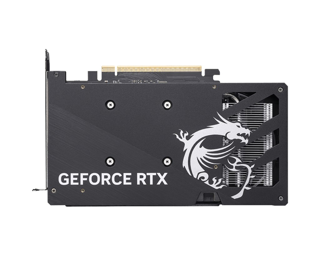 Schwarze GeForce RTX Grafikkarte mit weißem MSI-Drachenlogo und Metallkühler auf weißem Hintergrund.