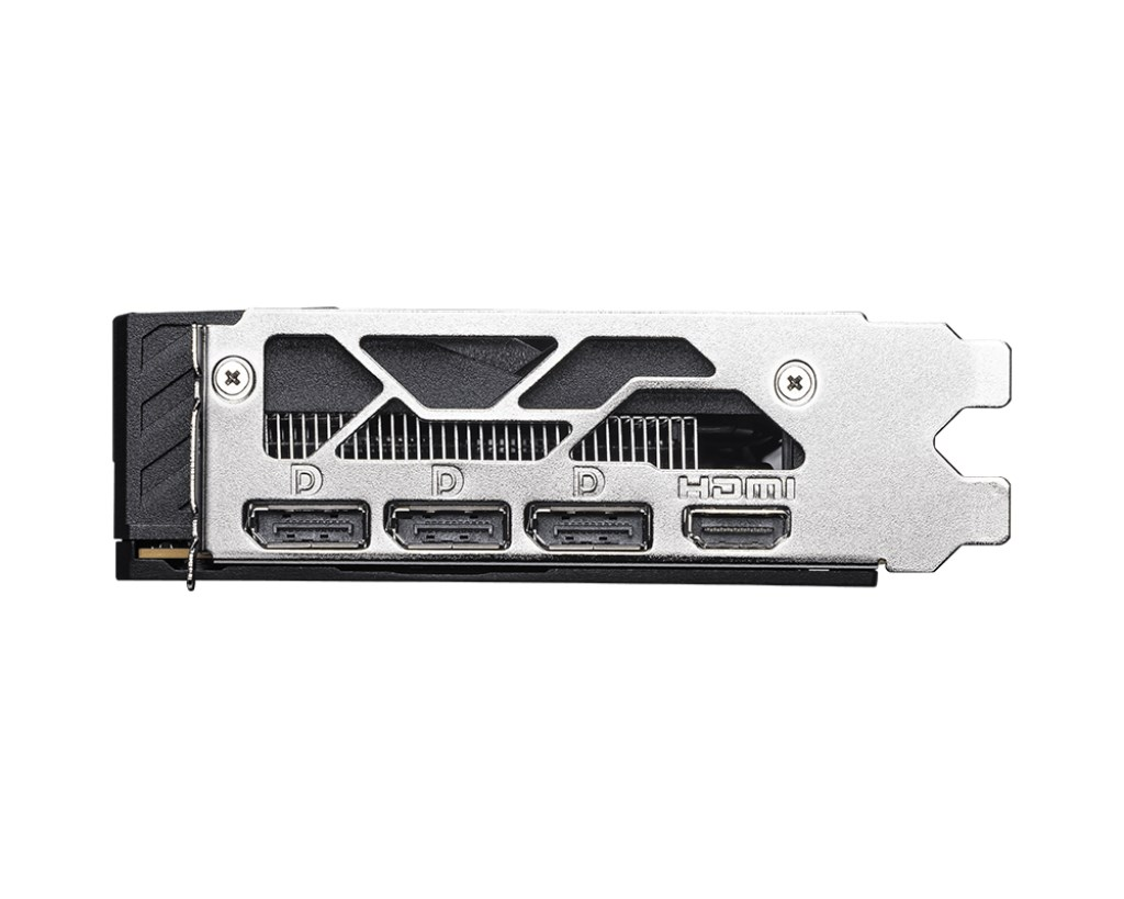 Eine Grafikkarte mit drei DisplayPort-Anschlüssen und einem HDMI-Anschluss an einer silbernen Metallblende.