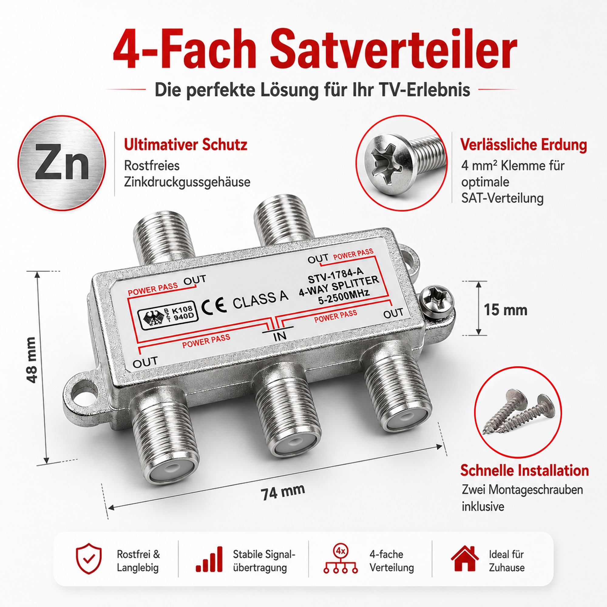 Ein silberner 4-Fach Satverteiler mit Anschlüssen, Beschriftungen und Maßen auf weißem Hintergrund.