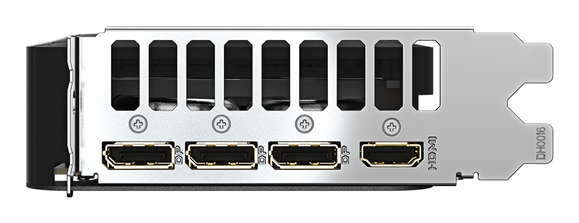 Vista posteriore di una scheda grafica con tre connettori DisplayPort e una porta HDMI.