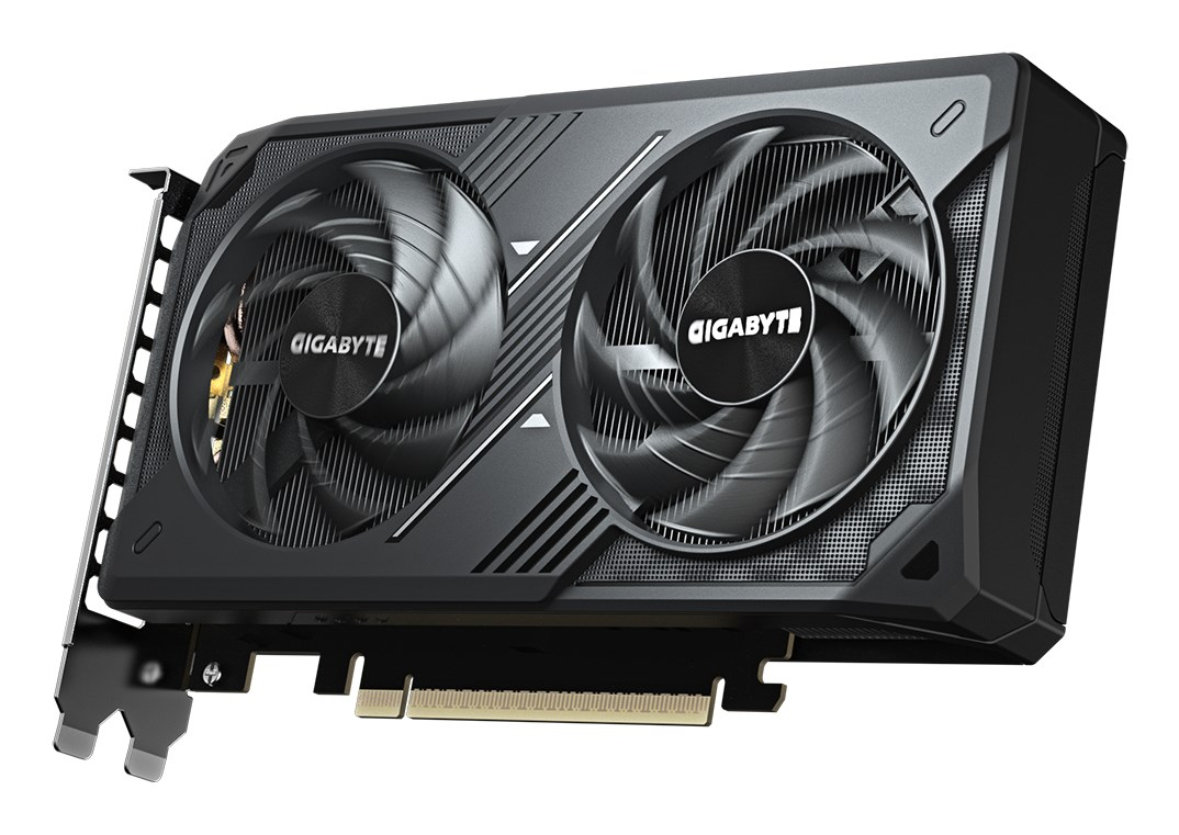 Tarjeta gráfica Gigabyte negra con dos ventiladores sobre fondo blanco.