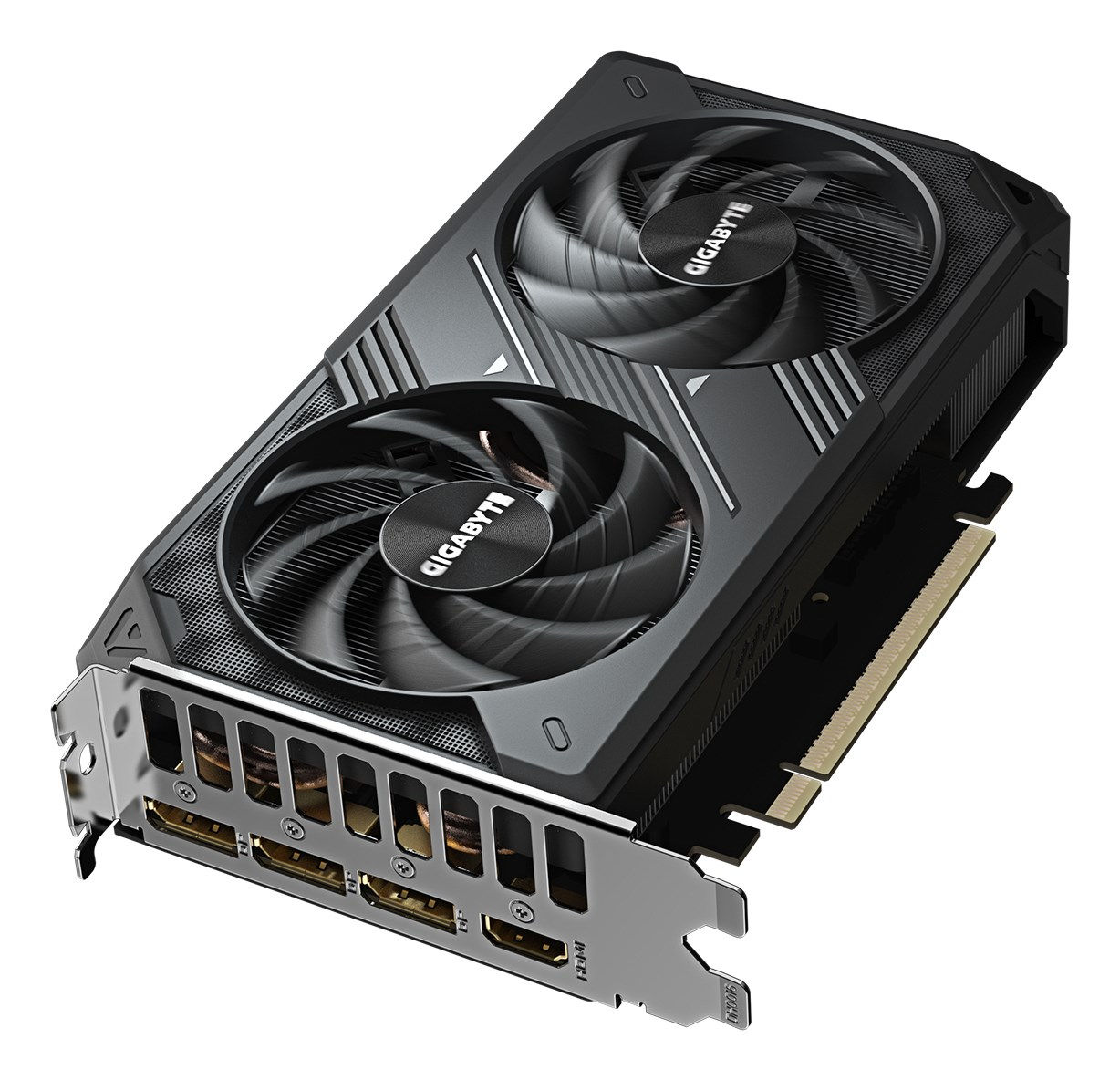 Una tarjeta gráfica Gigabyte negra con dos ventiladores y soporte de E/S de metal.