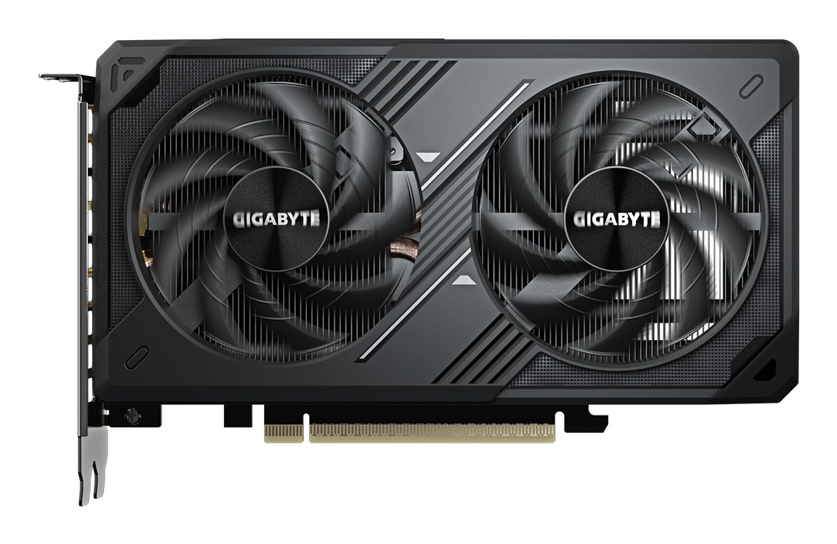 Tarjeta gráfica Gigabyte negra con dos ventiladores sobre fondo blanco.
