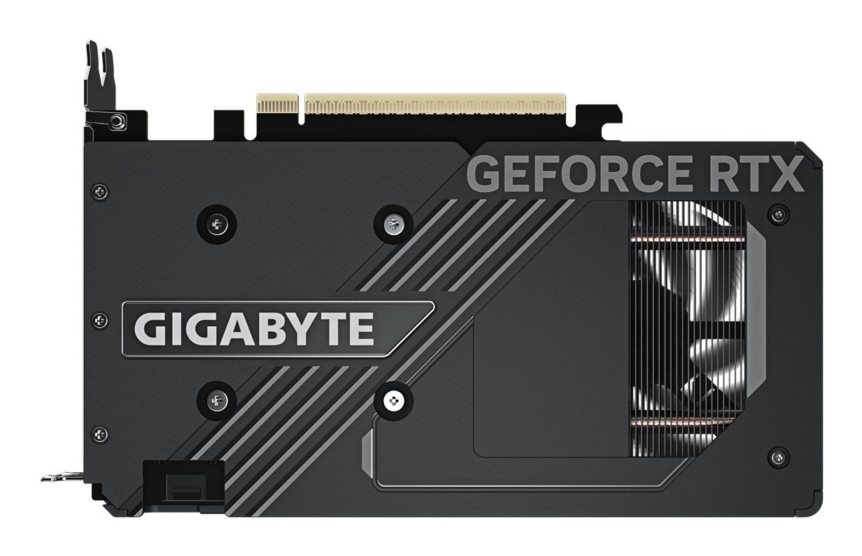 Tarjeta gráfica negra Gigabyte GeForce RTX con un ventilador visible y logotipo blanco en la placa trasera.