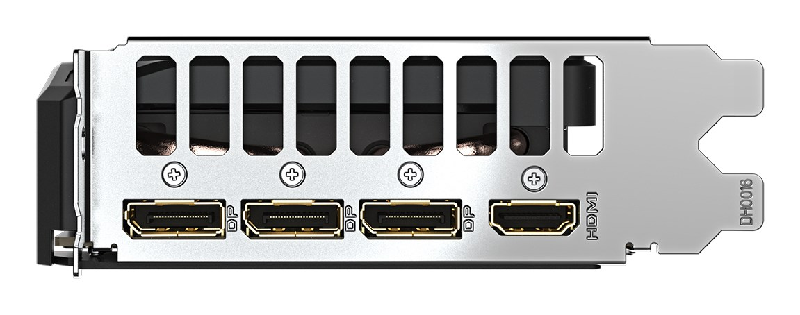Soporte de E/S de tarjeta gráfica con tres DisplayPorts y un puerto HDMI.