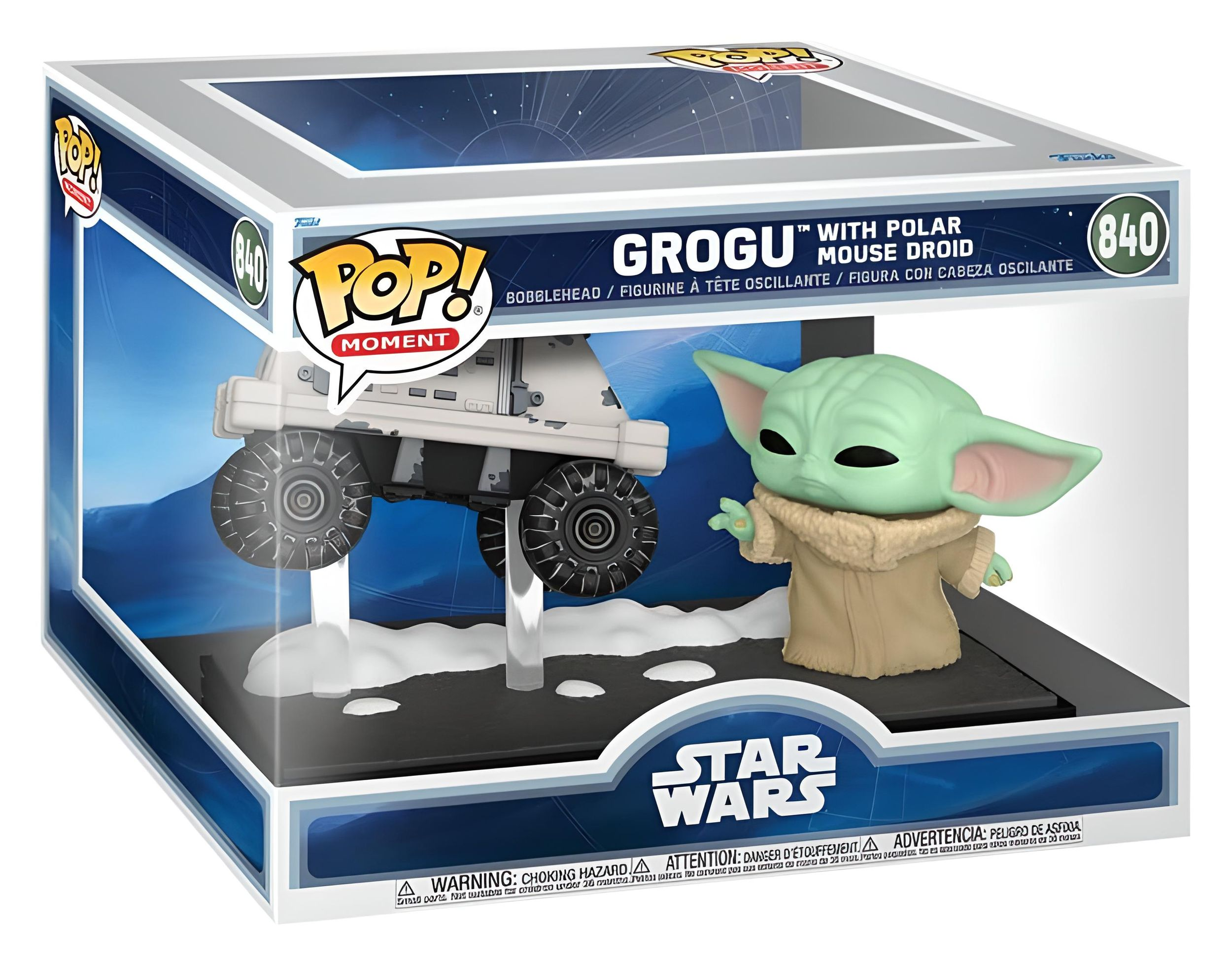 Funko Pop Star Wars Moment Figur von Grogu mit Polar-Maus-Droide in ungeöffneter Verpackung.