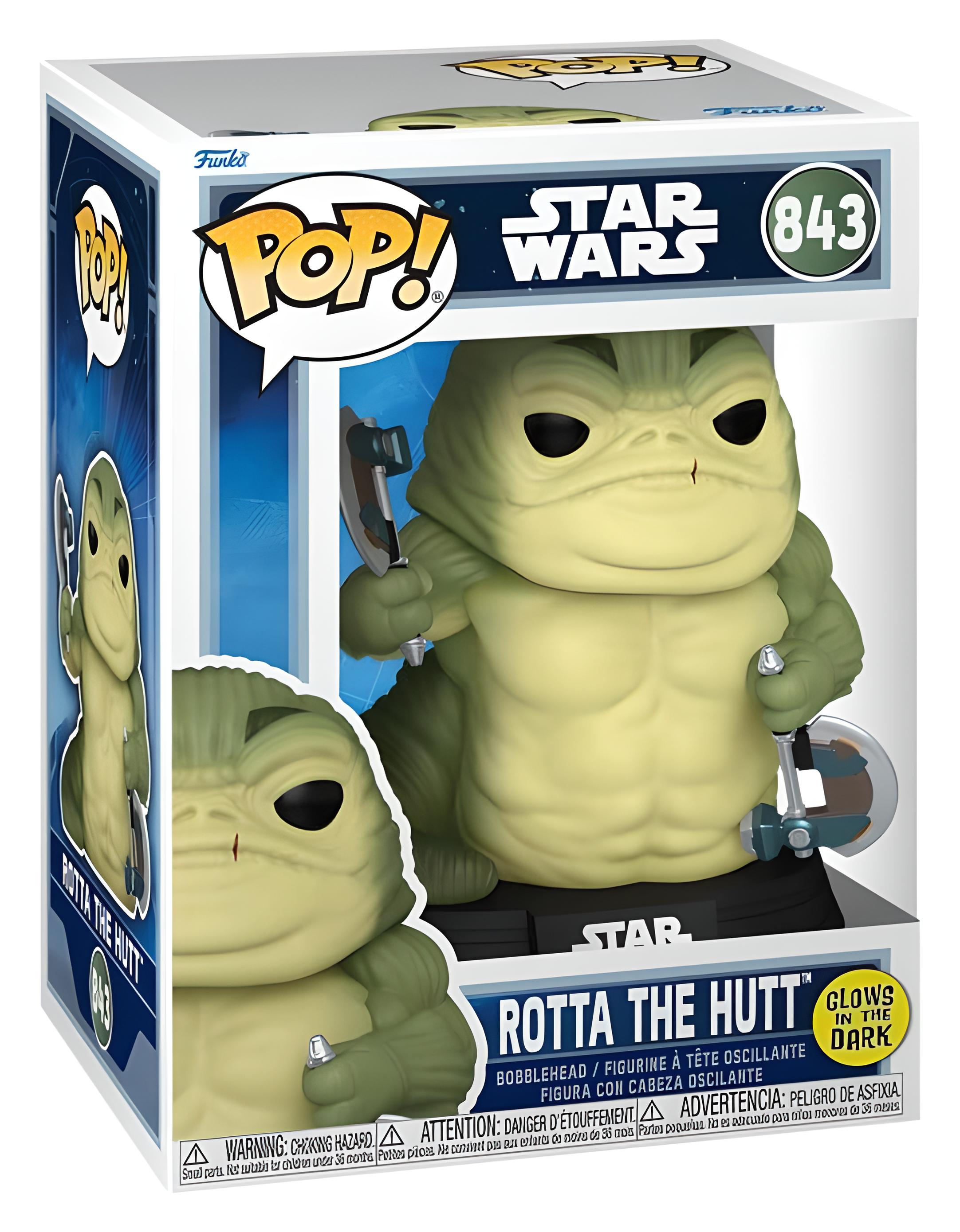 Figura Funko Pop de Rotta the Hutt en caja, con hachas y función fluorescente.