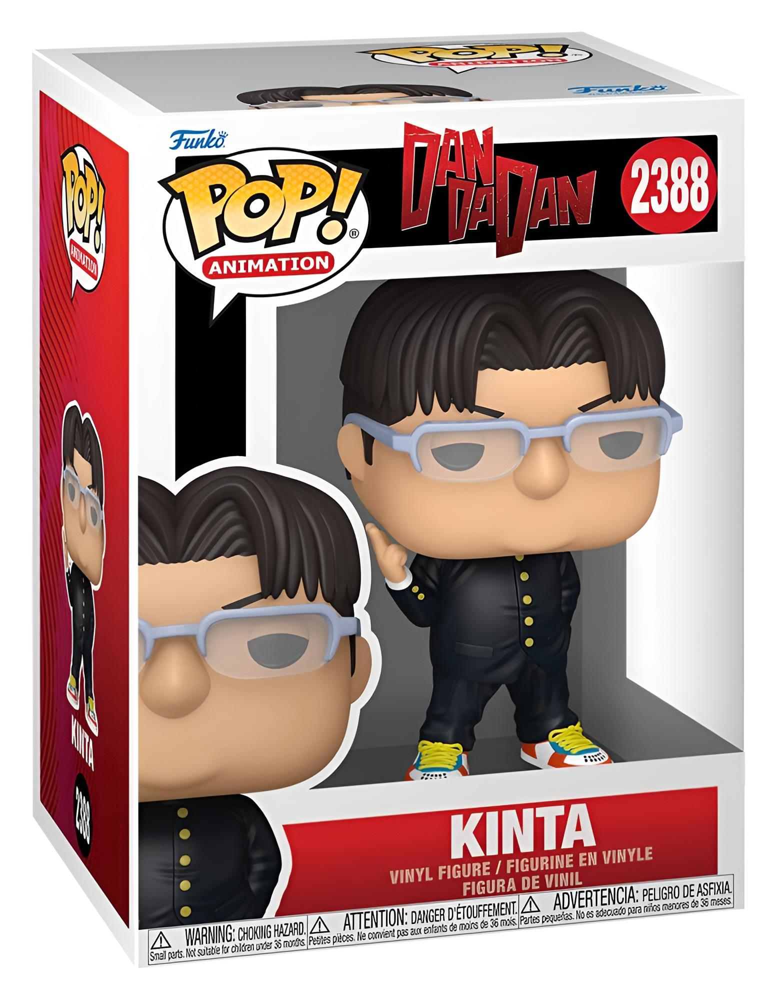 Eine Funko Pop Box mit Kinta aus DanDaDan mit schwarzen Haaren, Brille, schwarzer Uniform und bunten Sneakern.