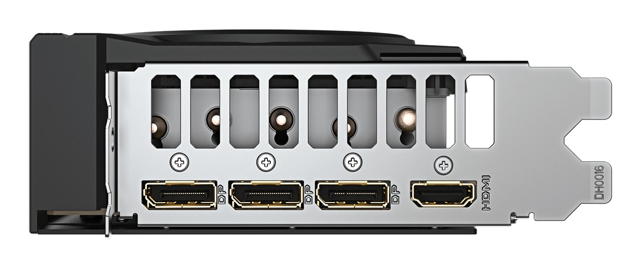 Rückseite einer Grafikkarte mit drei DisplayPort-Anschlüssen und einem HDMI-Anschluss.