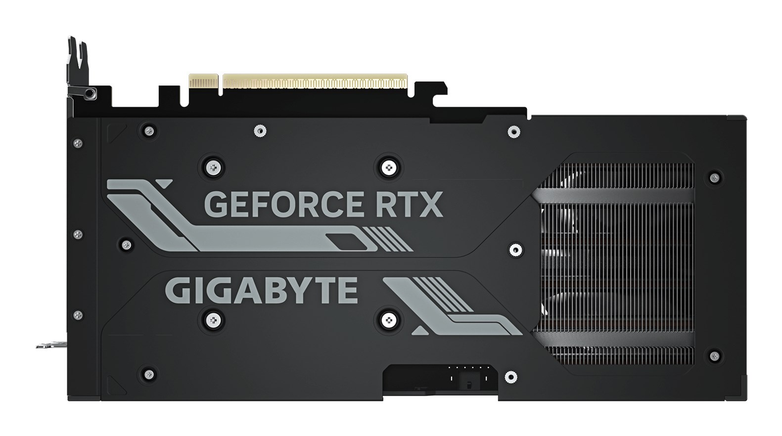 Schwarze Gigabyte GeForce RTX Grafikkarte mit Lüftungsschlitzen und Schrauben auf einer weißen Hintergrund.